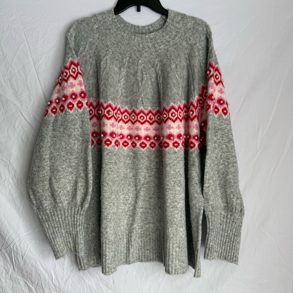 St John's Bay Size 3X Gray Knit Sweater with Red Pink Pattern Faux Pearls Vday